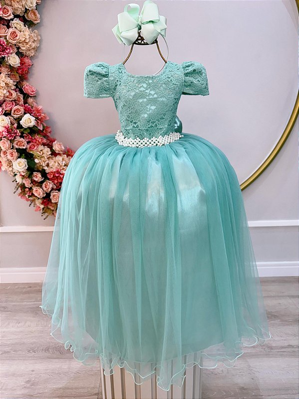 Vestido Infantil Longo Verde Menta Tule Renda Casamento Festas