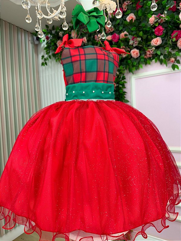 Vestido Infantil Juvenil Natalino Vermelho Festa Tule Luxo Natal