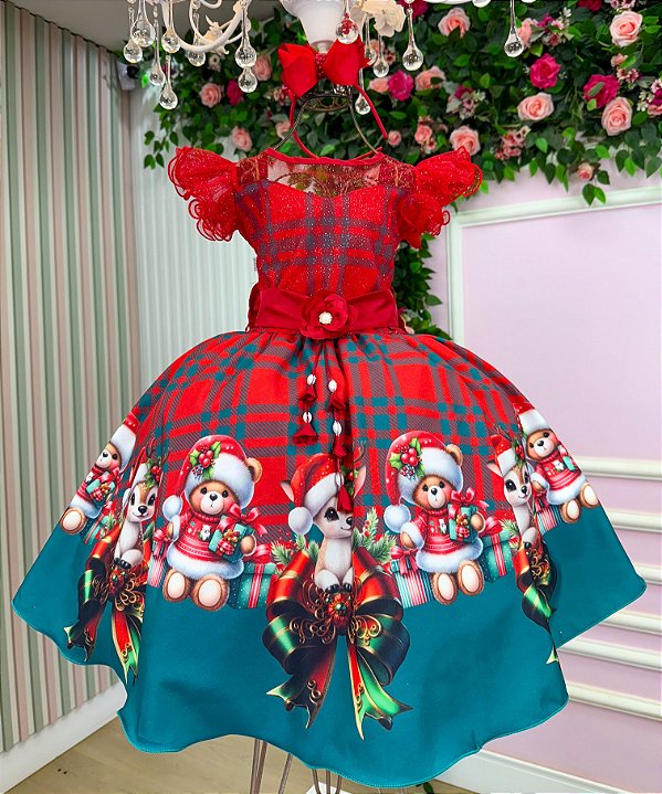Vestido Infantil Vermelho Juvenil Festa Luxo Noel