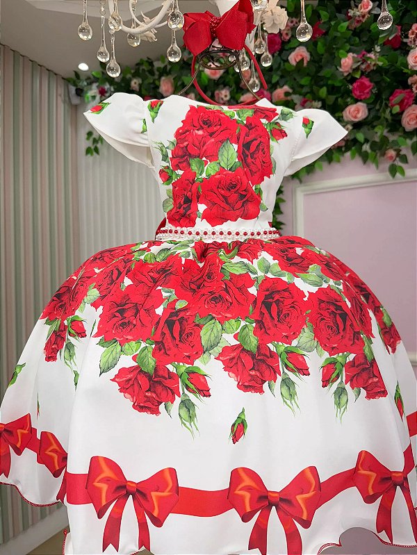 Vestido Infantil Vermelho Juvenil Florido Festa Luxo