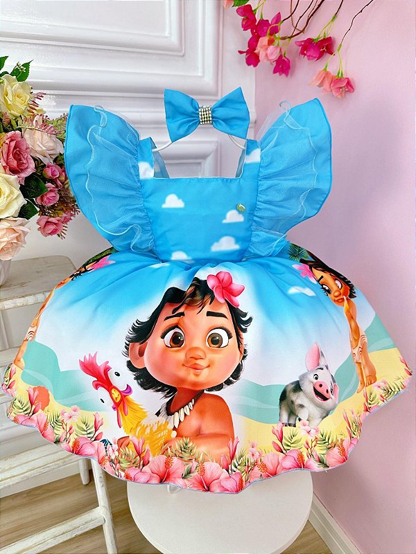 Vestido Infantil Moana Azul Bebê Laço Festas Luxo