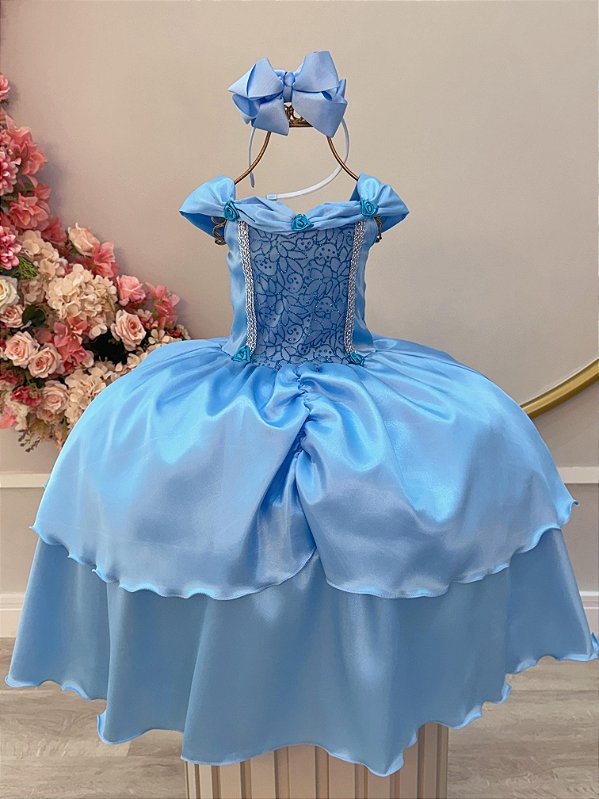 Fantasia Infantil Frozen e Cinderela Renda Azul Claro