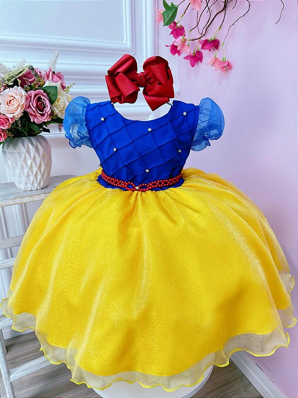 Vestido Infantil Branca de Neve Busto Azul Nervura Strass