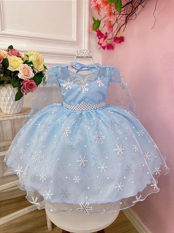 Vestido Infantil Frozen Princesas Capa e Cinto de Pérolas