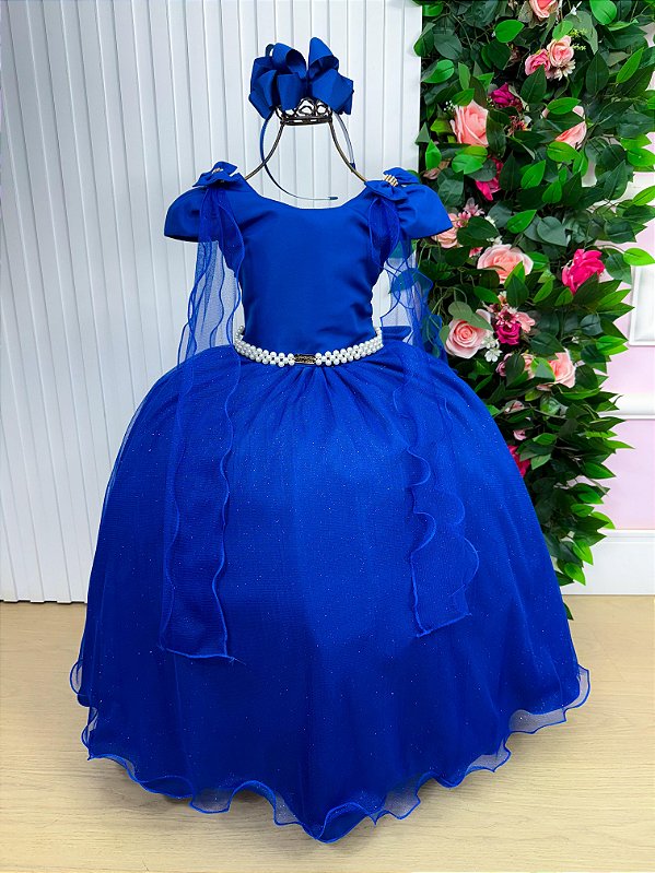 Vestido de Festa Infantil Longo Azul Royal Daminha Menina