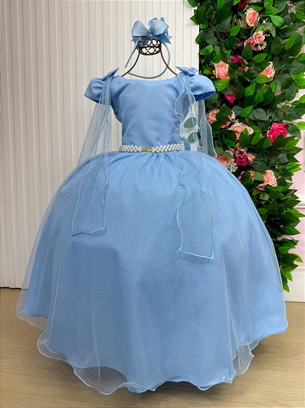 Vestido de Festa Infantil Longo Azul Bebe Daminha Menina
