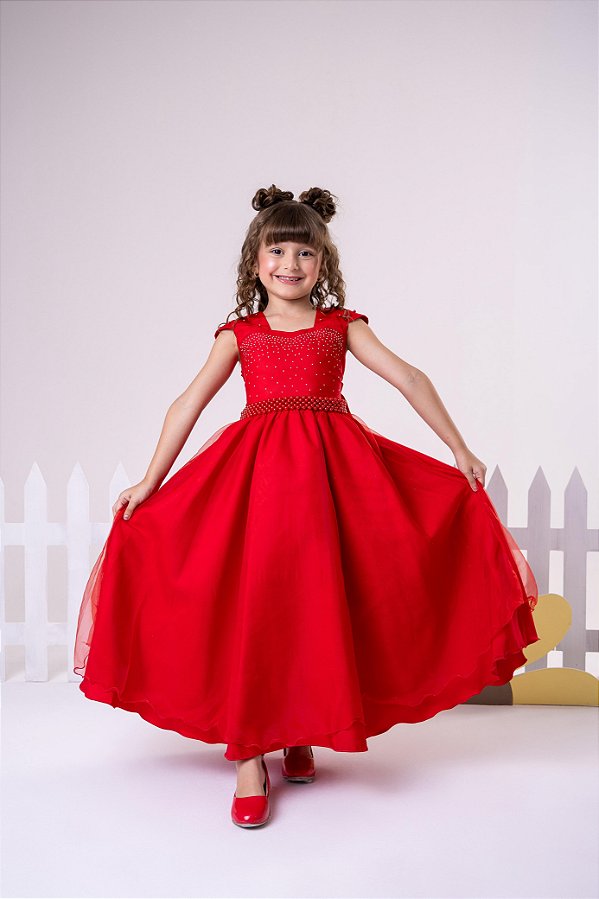Vestido Infantil Vermelho Cinto Perolas Longo Tule