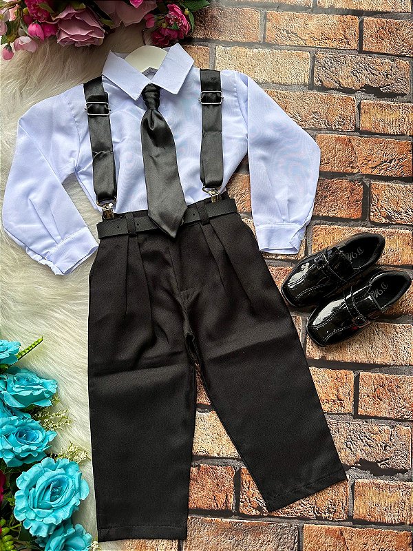Conjunto Social Terno Preto para Meninos Preto Suspensorio Cetim