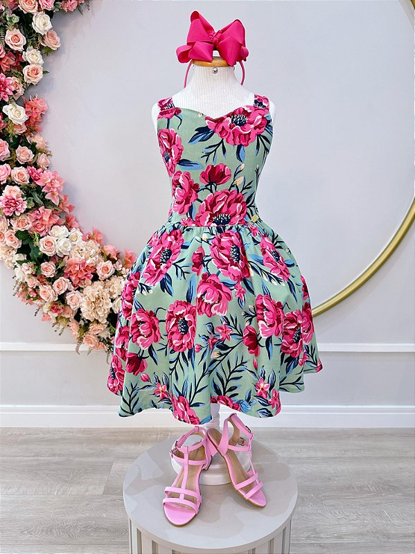 Vestido Infantil Casual Primavera Verão Verde Florido Colorido