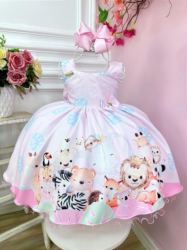 Vestido Infantil Bosque Safari Rosa Strass