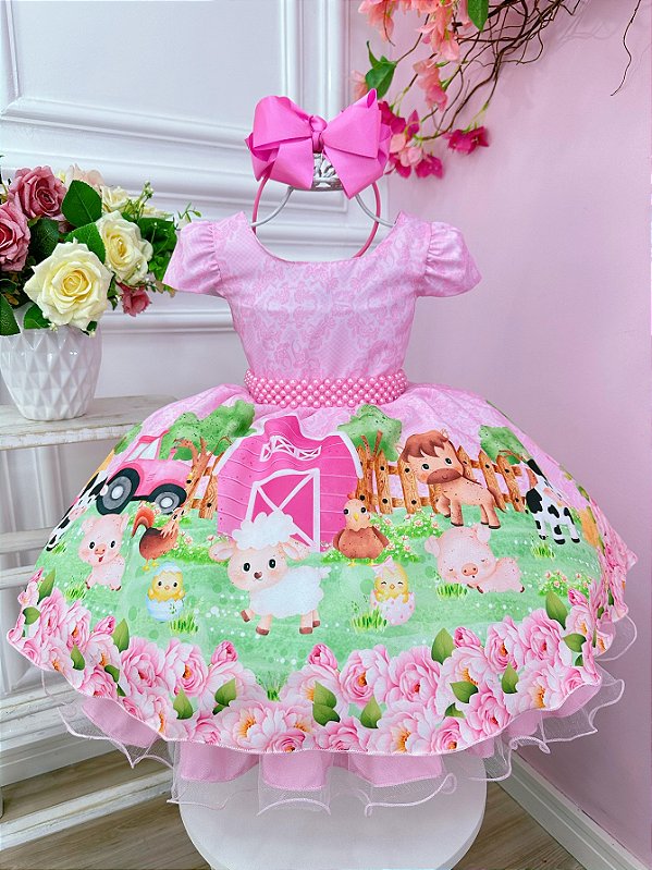 Vestido Infantil Fazendinha Rosa Festa Luxo