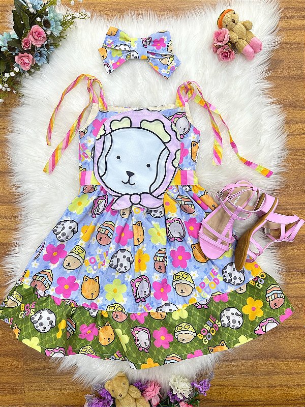 Vestido Infantil de Alça Colorido Bobbie goods com  Laço de Cabelo