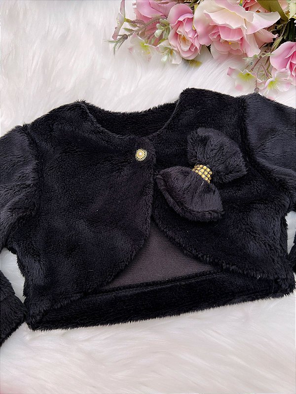 Bolero Infantil de Pelúcia Preto Plush Botão Laço Stass