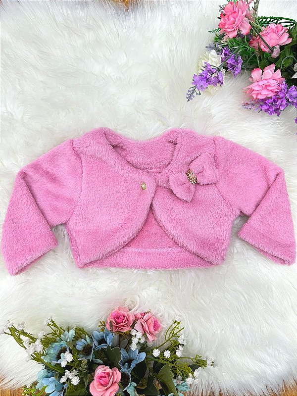 Bolero Infantil de Pelúcia Rose Plush Luxo e Botão Laço Stass