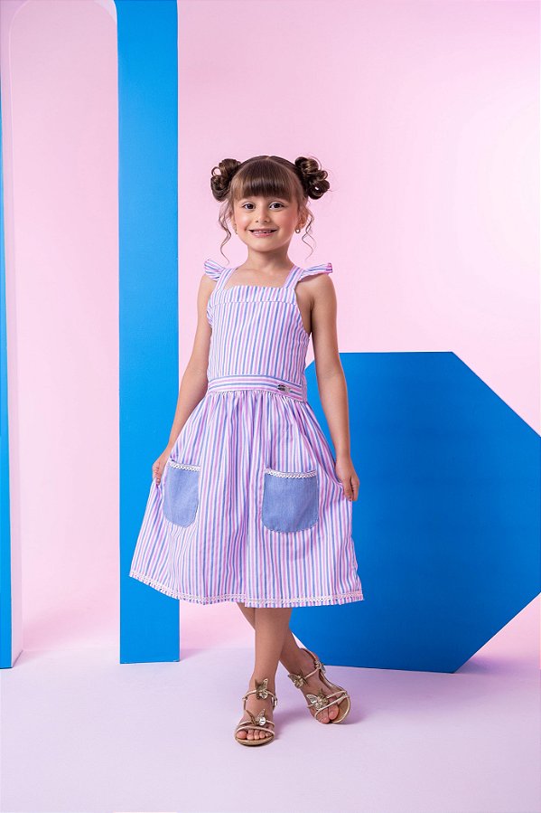 Vestido Infantil Lilás Listrado Casual Festa