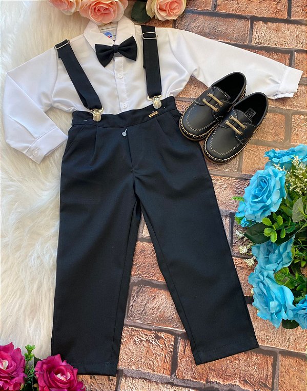 Conjunto Social Pajem Camisa Branco Calça Gravata Suspensorio