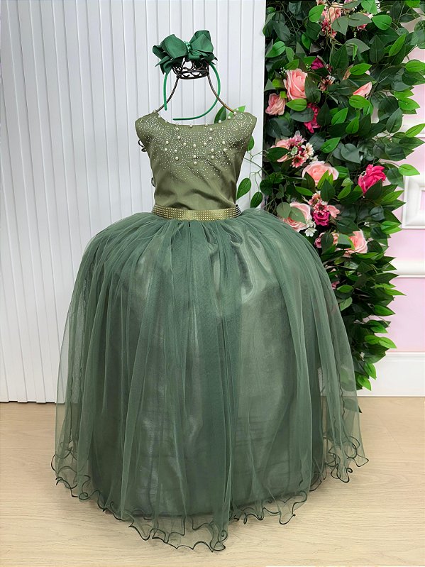 Vestido Infantil Longo Verde Militar Daminhas Casamentos Luxo