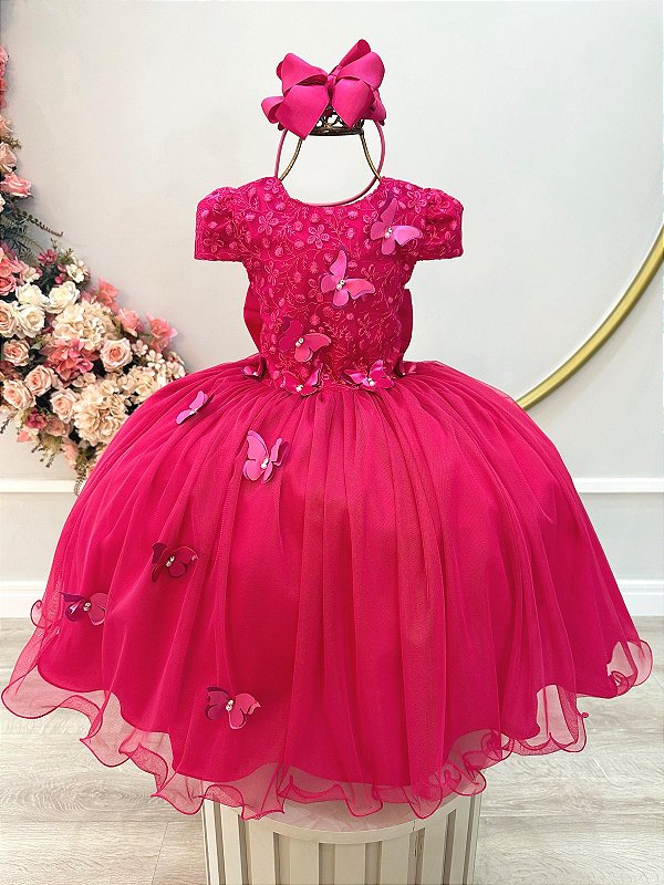 Vestido Juvenil Midi Formatura Pink Apliques Flores e Borboletas Festas