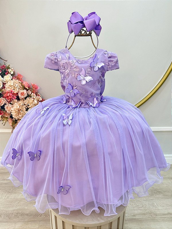 Vestido Juvenil Midi Formatura Lilás Apliques Flores e Borboletas Festas