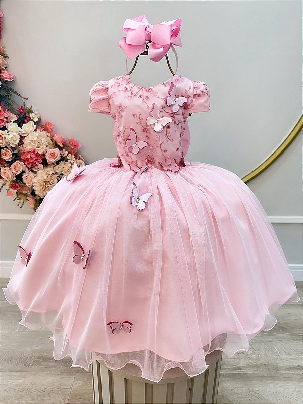 Vestido Juvenil Midi Formatura Rosa Apliques Flores e Borboletas Festas
