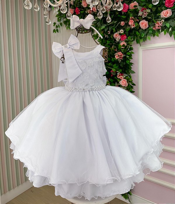 Vestido Infantil Branco Festa Luxo Daminhas Midi