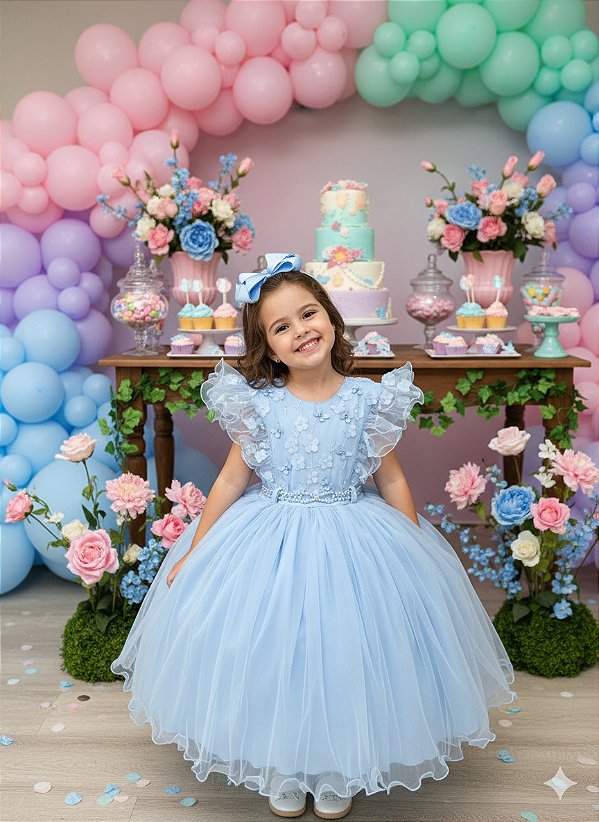 Vestido Infantil Azul Claro Com Renda Casamentos Festas