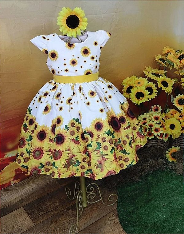 Vestido Infantil Girassol Branco Amarelo Modelo Luxo