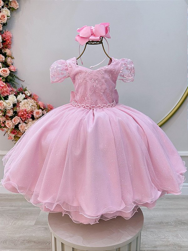 Vestido Infantil Rosa Renda Cinto de Pérolas Festas