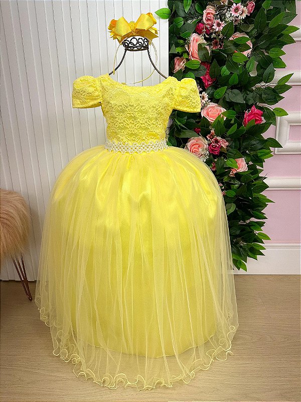 Vestido Longo Daminha Amarelo Laura Peito Rendado