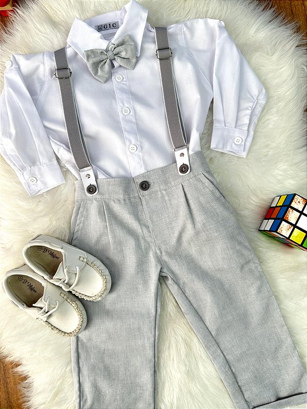 Conjunto Social Pajem Camisa Branca Calça e Susp. Cinza Claro
