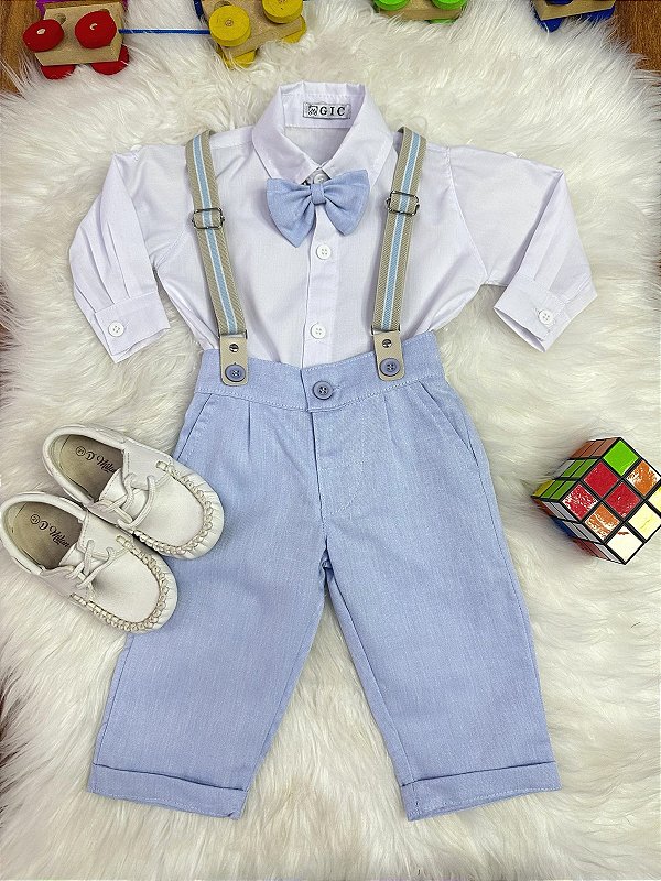 Conjunto Social Bebê Calça Susp. Azul Claro e Camisa Branca