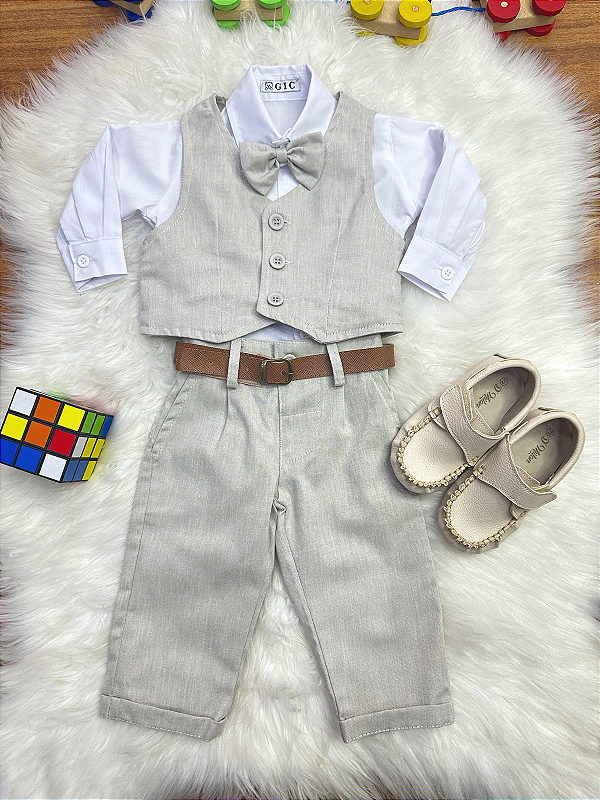 Conjunto Social Bebê Calça Colete Bege e Camisa Branca