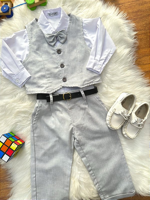 Conjunto Social Bebê Calça Colete Cinza Claro e Camisa Branca