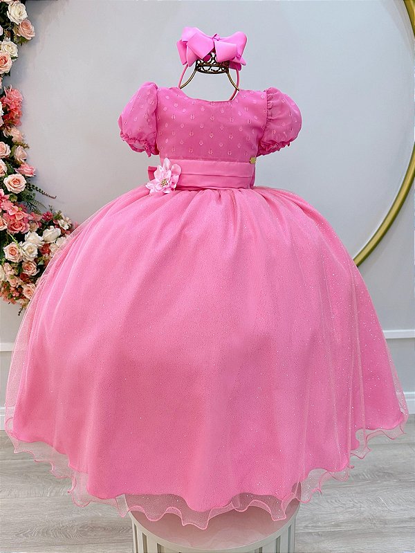 Vestido Infantil Longo Rosa Chiclete Broche Aplique Flor Daminhas