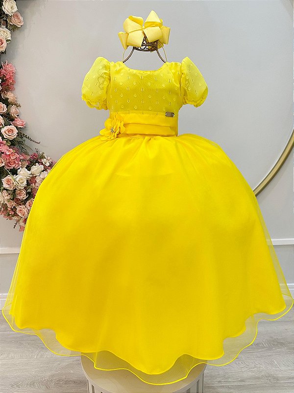 Vestido Infantil Longo Amarelo Aplique Broche Flor Daminhas Festas
