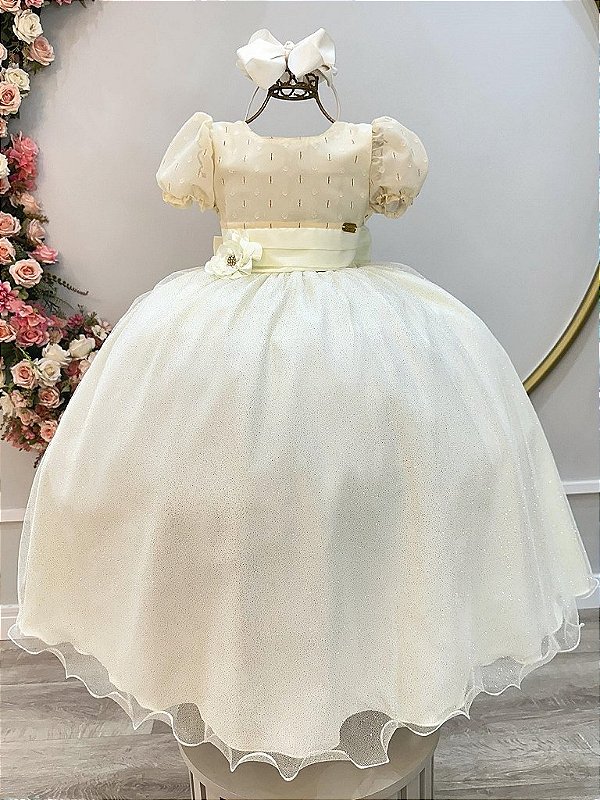 Vestido Infantil Longo Marfim Aplique Broche Flor Daminhas Festas