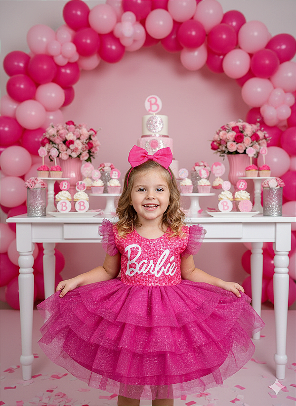 Vestido Infantil Barbie Rosa Pink Festa Luxo