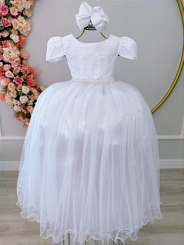 Vestido Infantil Branco Renda Pérolas Festa Luxo