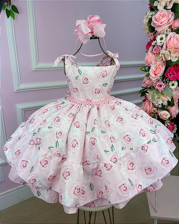 Vestido Infantil Floral Rosa Bebe Festa Luxo