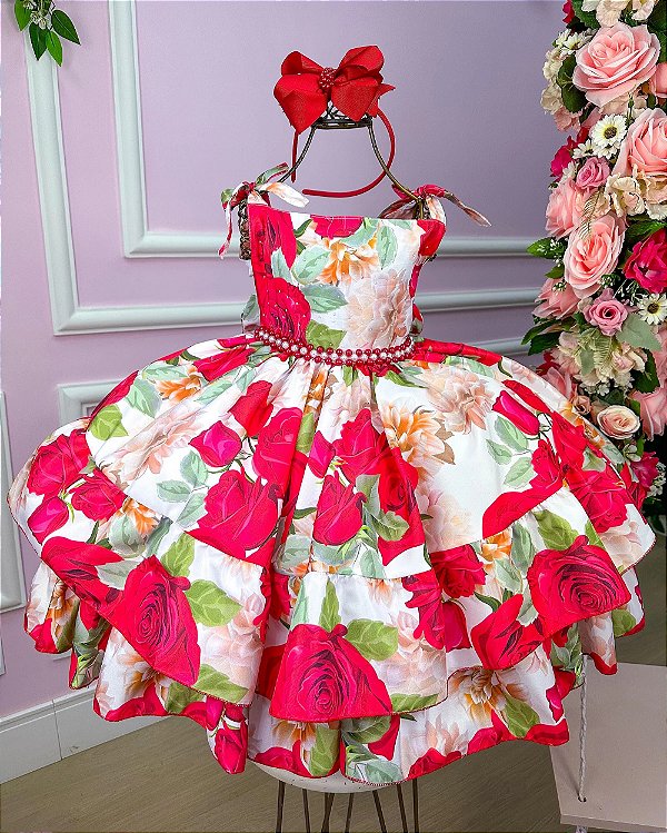 Vestido Infantil Floral Vermelho Festa Luxo