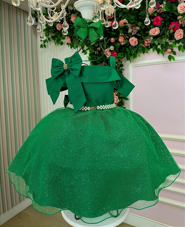Vestido Verde Infantil para o Natal Festa Tule Glitter Luxo