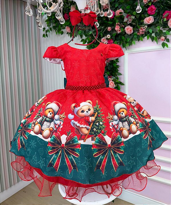 Vestido Infantil Verde Urso Teddy Natal Festa Luxo
