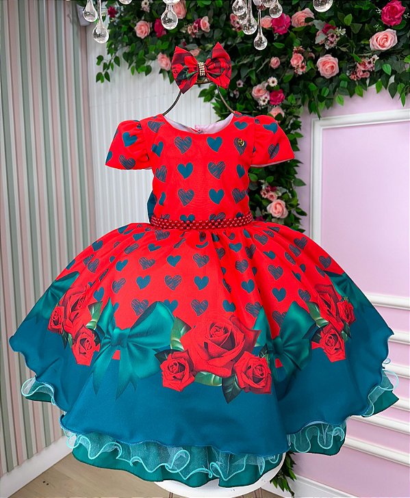Vestido Infantil Festa Natalina Floral Rosas Vermelho