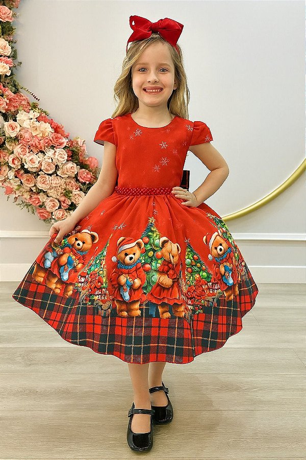 Vestido Infantil Vermelho Ursinhos Festas Natal