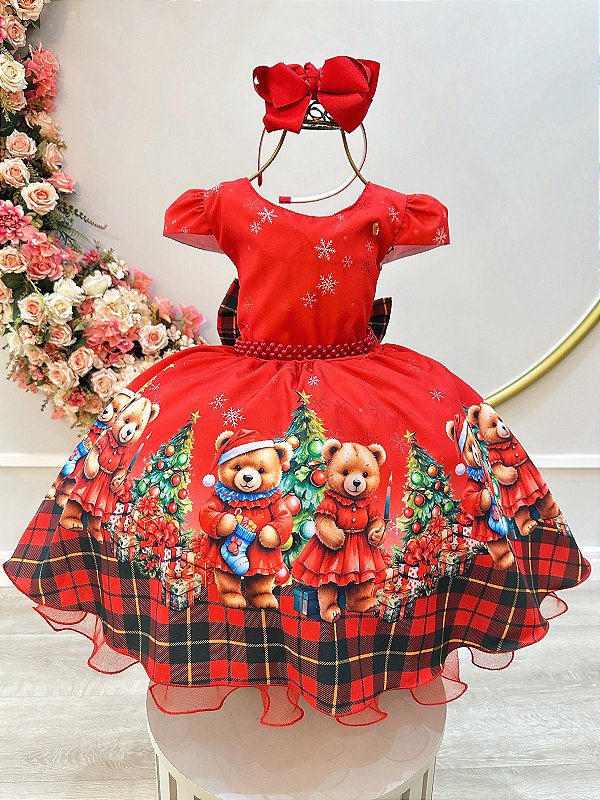 Vestido Infantil Vermelho Ursinhos Festas Natal