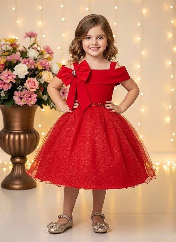 Vestido Infantil de Alça Vermelho Saia Glitter e Broche Festas