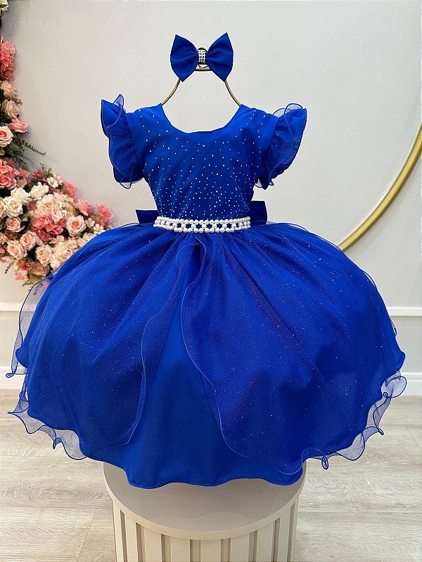 Vestido Infantil Azul Royal Saia Tule e Glitter