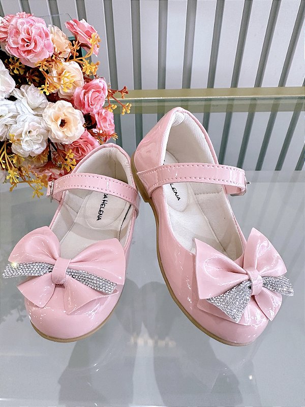 Sapatinho Rosa Verniz Aplique de Lacinho Com Strass Luxo