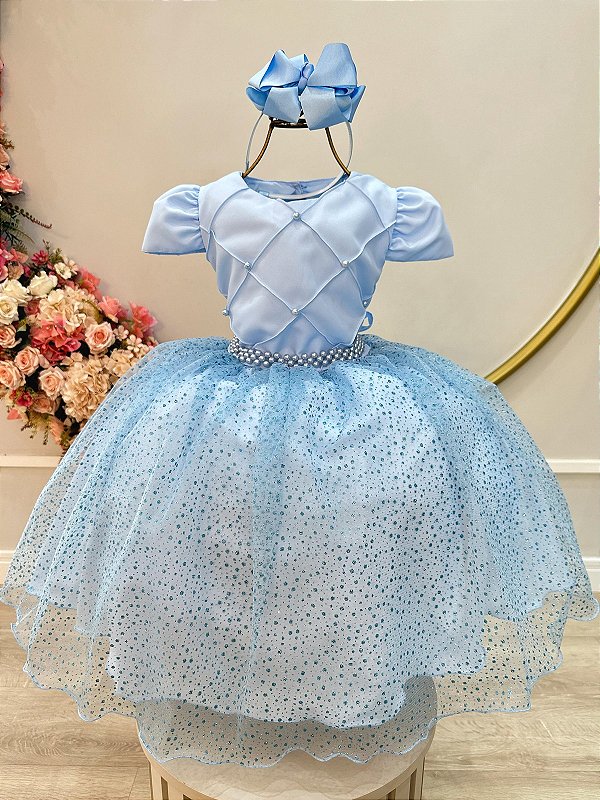 Vestido Infantil Azul Busto Nervura Saia Glitter Festas
