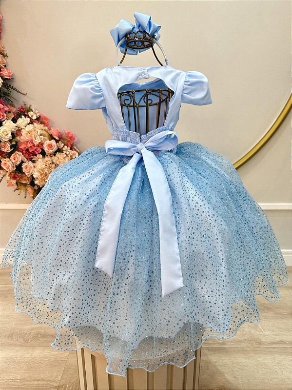 Vestido Infantil Azul Busto Nervura Saia Glitter Festas